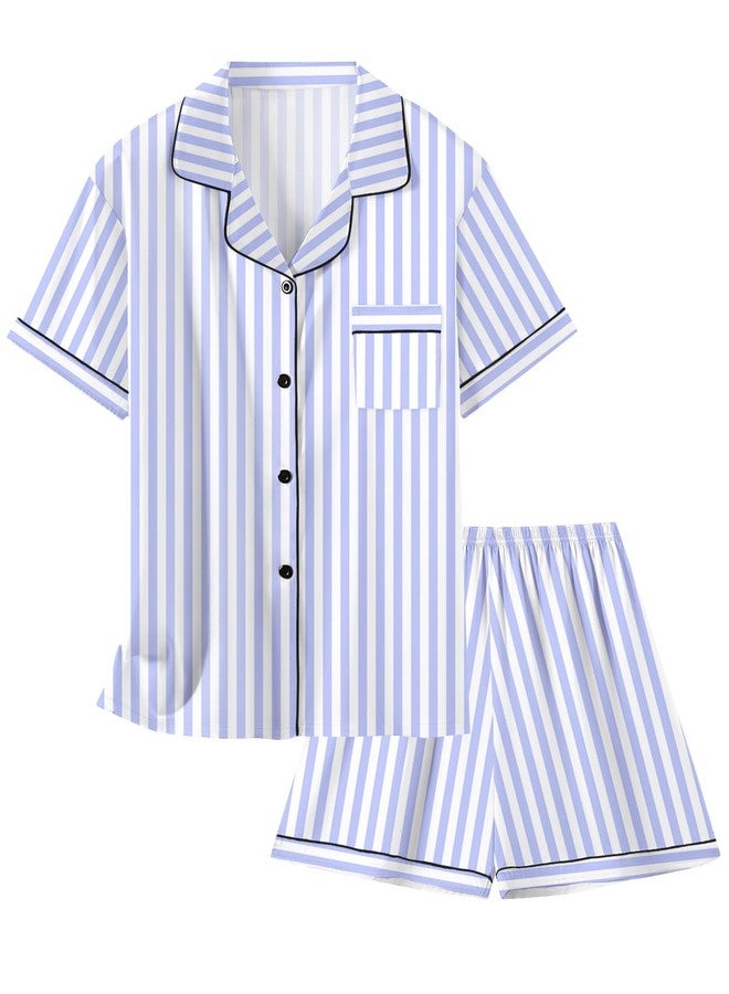 Schbbbta Satin Pajamas for Girls, Silk Pajamas 2 Pcs Button Down Sleepwear Short Sleeve Loungewear Outfit for Girls, Light Navy Stripe, 11-12 Years = Tag 160 - Image 1